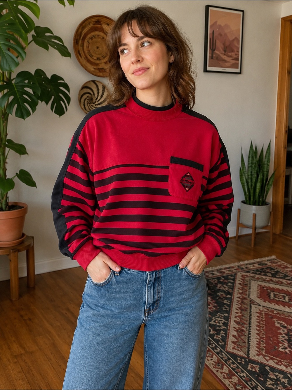 Vintage 90s Express Athletique Sweatshirt Medium Red Black Colorblock Striped
